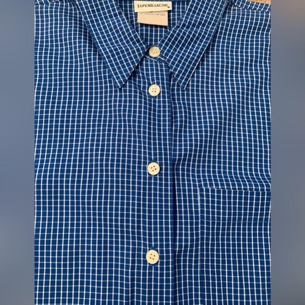 Blue and white gingham plaid cotton button down shirt, TAPEMEASURE, med